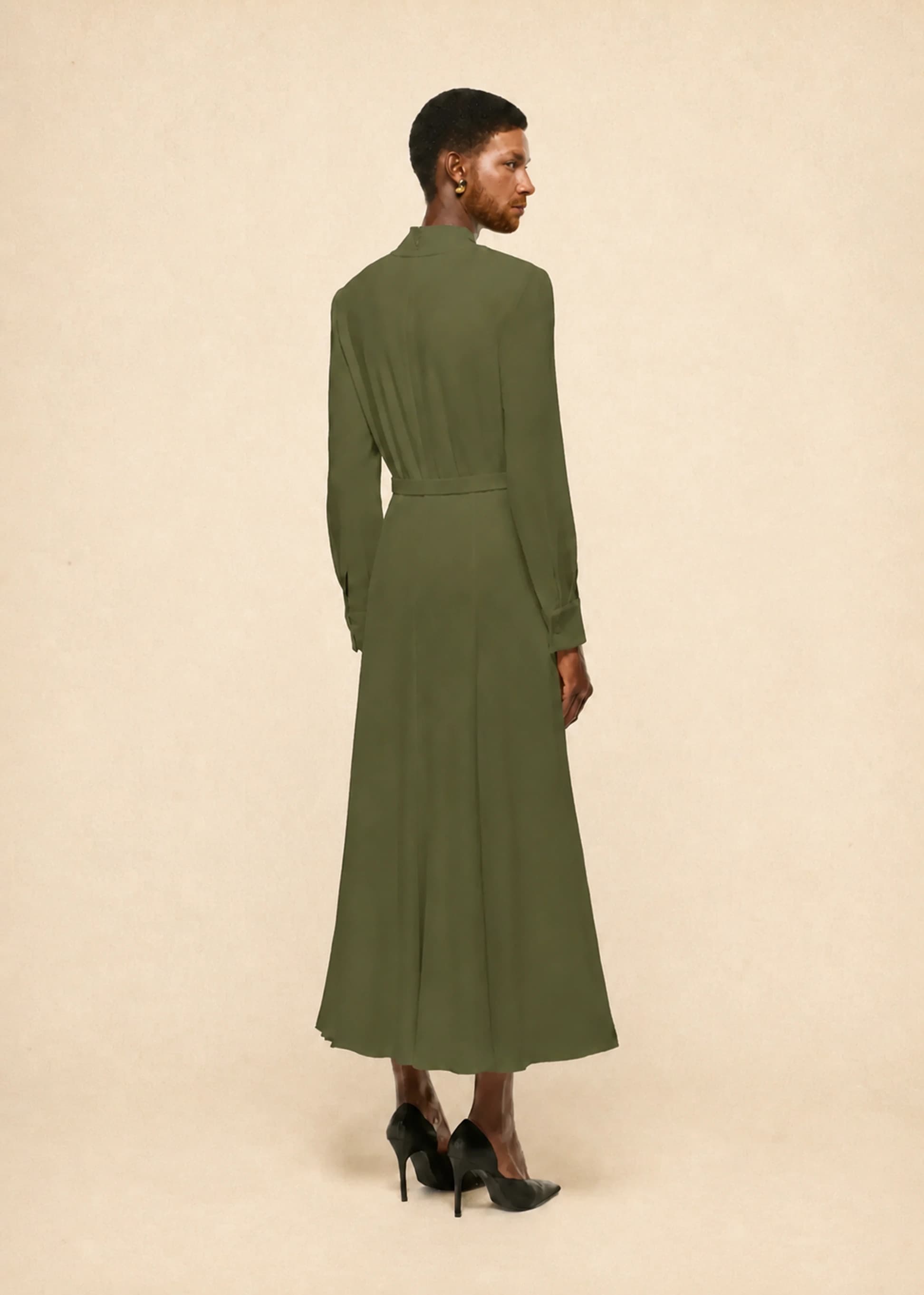 Light Cady Cut Out Dress in Olive Green, view 3