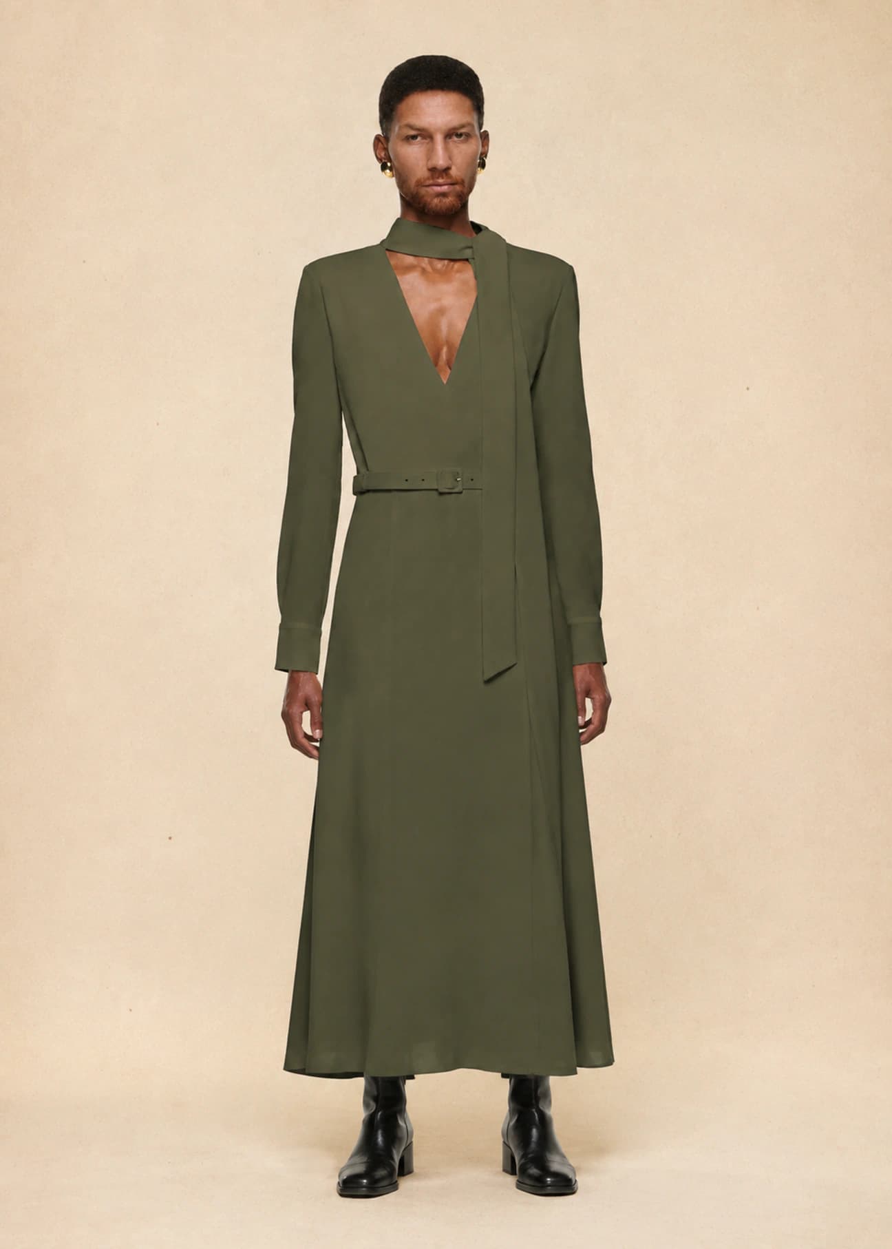 Light Cady Cut Out Dress in Olive Green, view 4